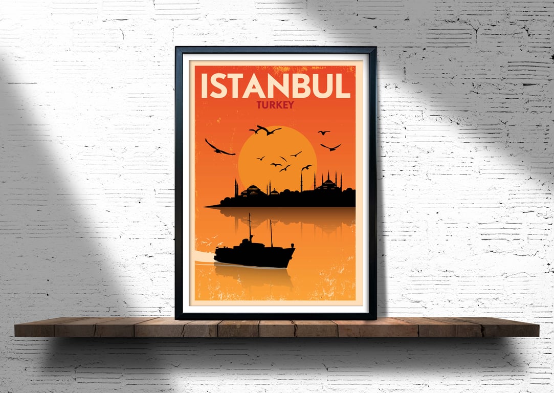 Istanbul retro travel poster, Istanbul wall art, Turkey travel poster