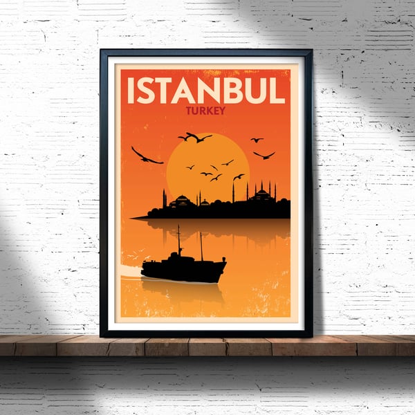 Istanbul retro travel poster, Istanbul wall art, Turkey travel poster