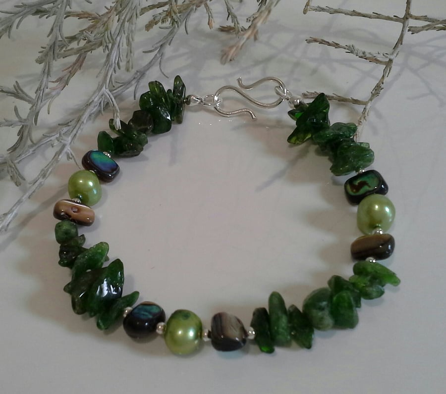 Russian Diopside, Abalone Shell & Pearl Sterling Silver Bracelet