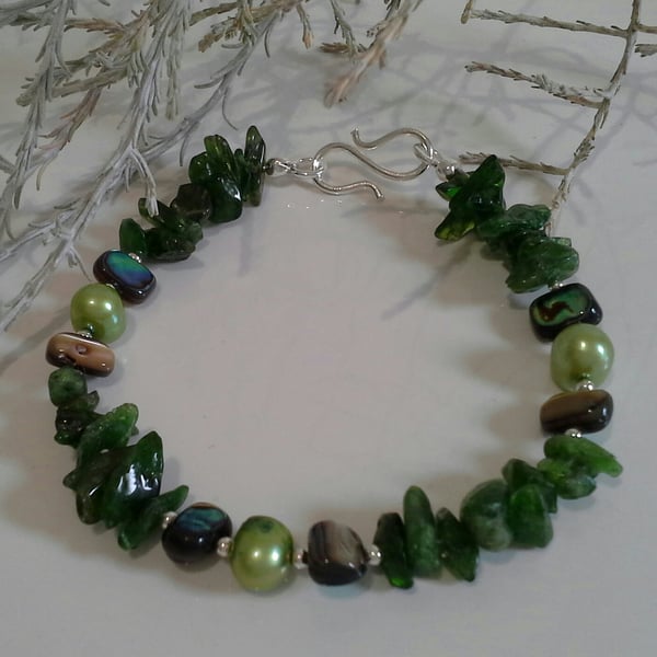 Russian Diopside, Abalone Shell & Pearl Sterling Silver Bracelet
