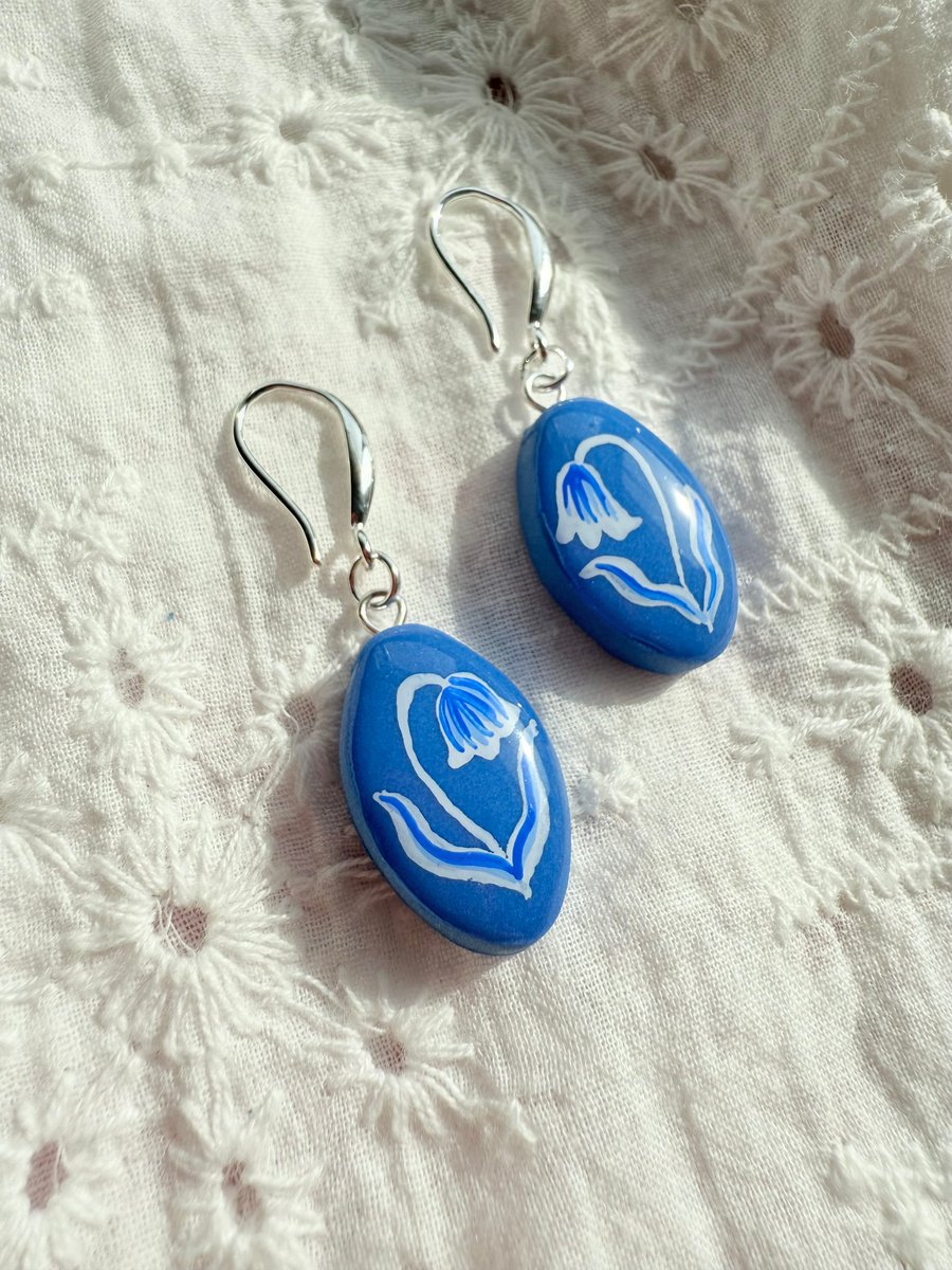 Blue Bell Flower Earrings – Hand Painted Folk Art Jewelry with Silver Hooks,
