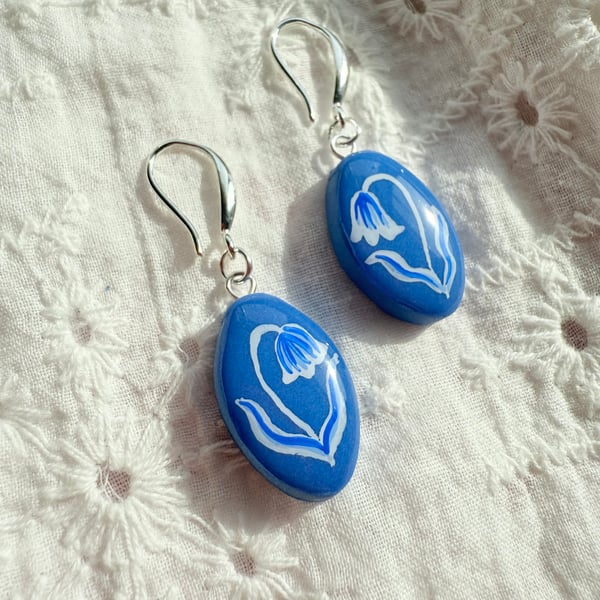 Blue Bell Flower Earrings – Hand Painted Folk Art Jewelry with Silver Hooks,
