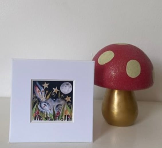 Mounted ACEO Nocturnal Woodland Hare Rabbit with Mushrooms Watercolour Edition 