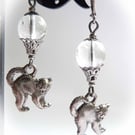 Crystal Ball And Black Cat Earrings In Oxidised Pewter, Gunmetal Tone Wires
