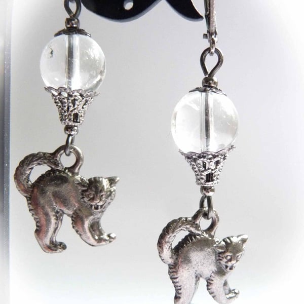Crystal Ball And Black Cat Earrings In Oxidised Pewter, Gunmetal Tone Wires