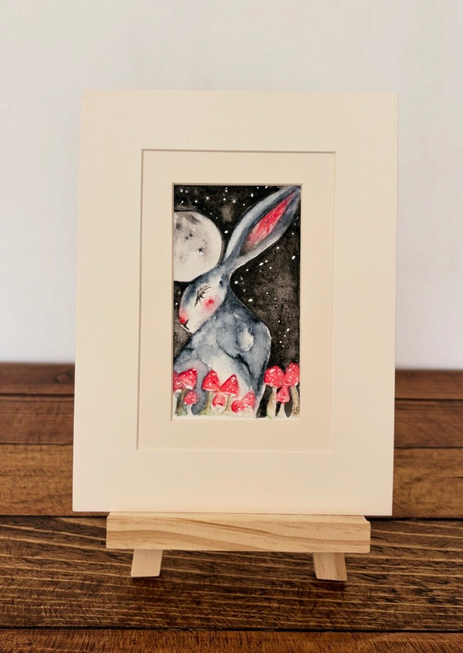 Image of Mounted Original Hare Rabbit under the Moon with Mushrooms Watercolour 
