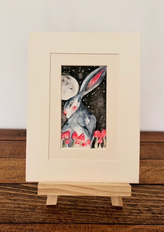 Mounted Original Hare Rabbit under the Moon with Mushrooms Watercolour 