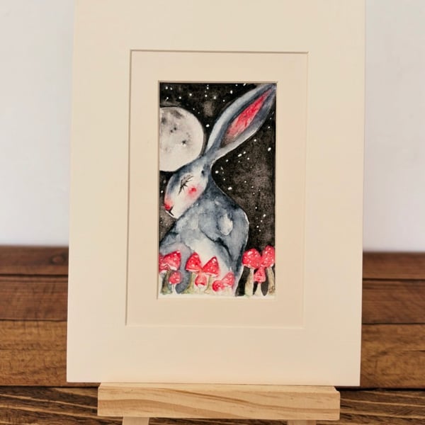 Mounted Original Hare Rabbit under the Moon with Mushrooms Watercolour 