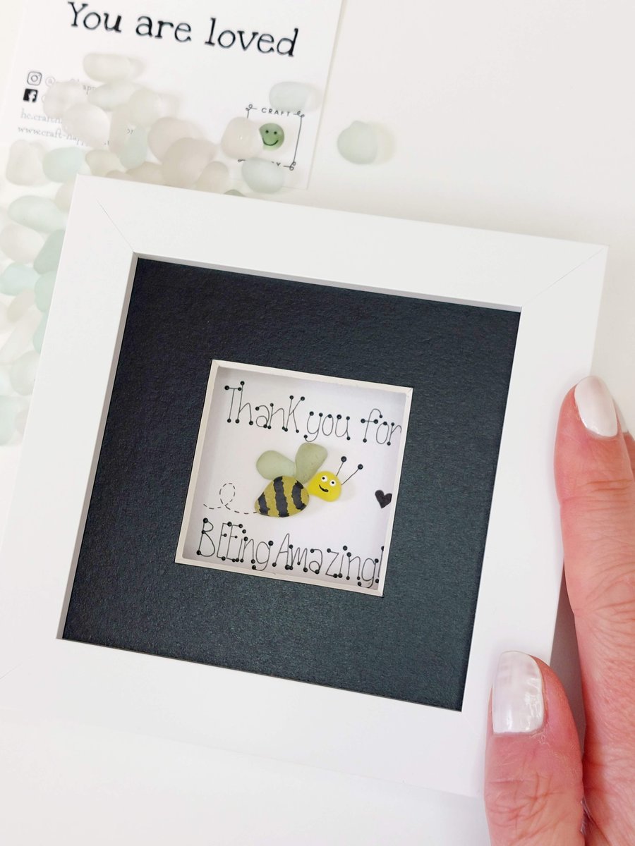 Bee Sea Glass Wall Art, Framed Sea Glass & Pebble Art, Thank you Gift
