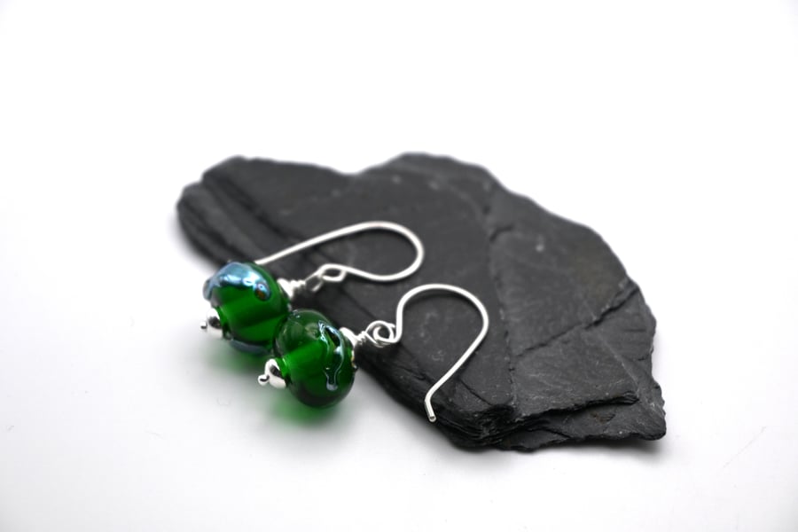 lampwork glass green and silver shard earrings