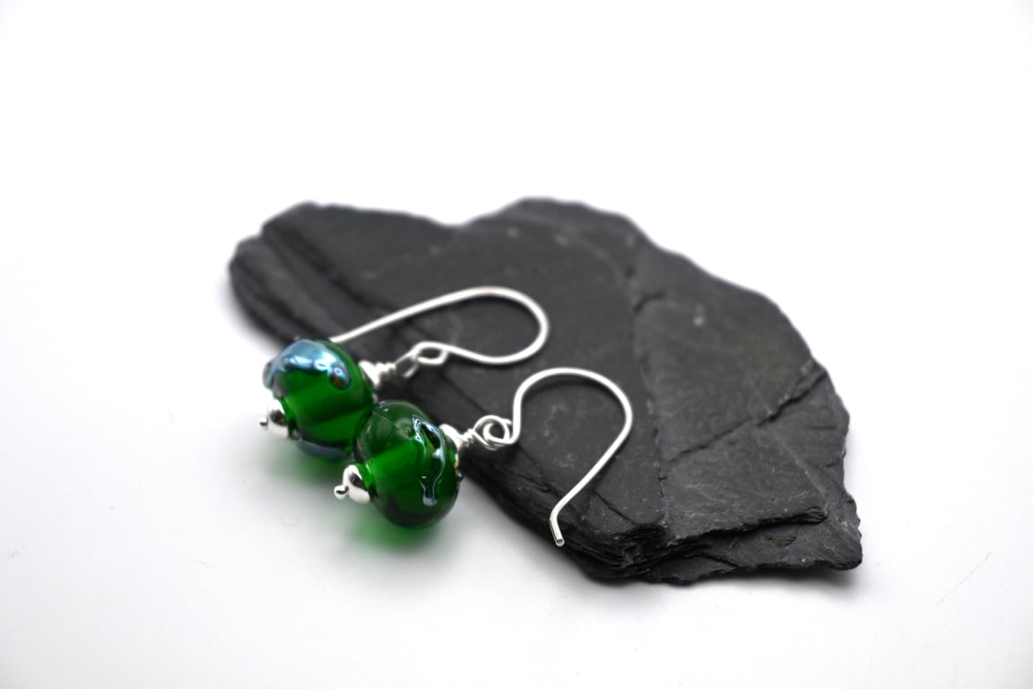 lampwork glass green and silver shard earrings