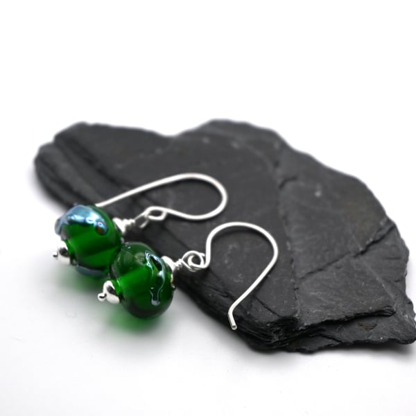lampwork glass green and silver shard earrings