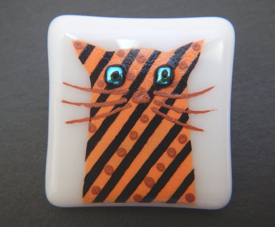 Handmade Fused Glass Ginger Cat Brooch.