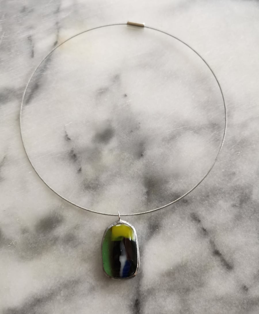 Colorful fused glass pendant  on silver plated wire choker