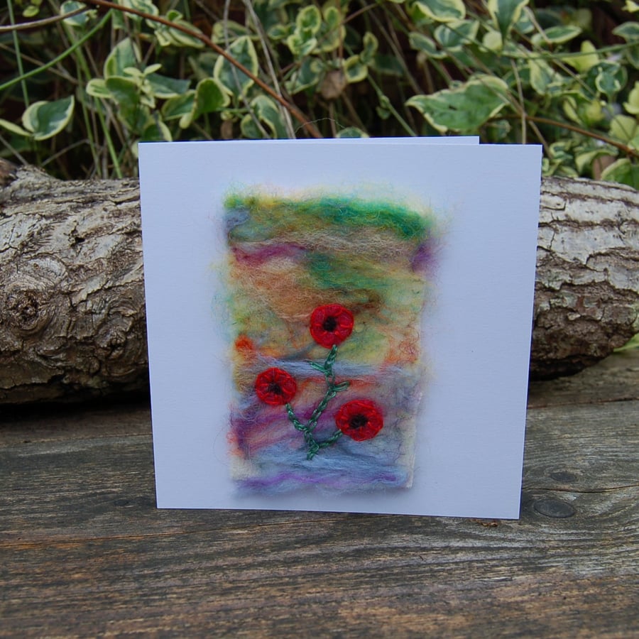 Birthday card, Hand stitched Poppies in a field,  Needlefelt wool card