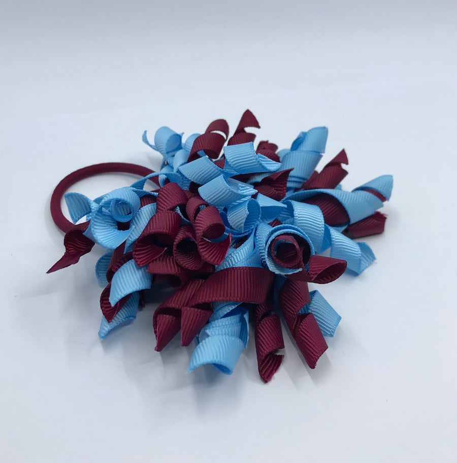 School 3 inch Wine and Light Blue Curly Corkers on Elastics (pair)