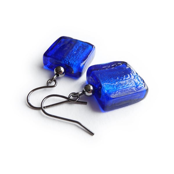 Bright Blue Fused Glass Earrings - Royal Blue Earrings - Square Drop Earrings