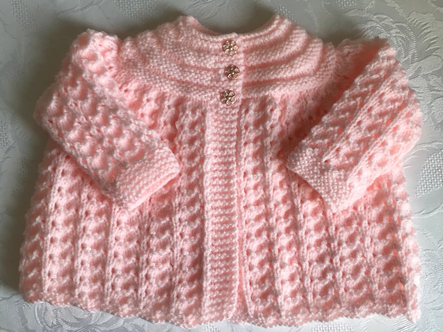 Hand Knitted Peach Matinee Cardigan will fit 0-3 mths