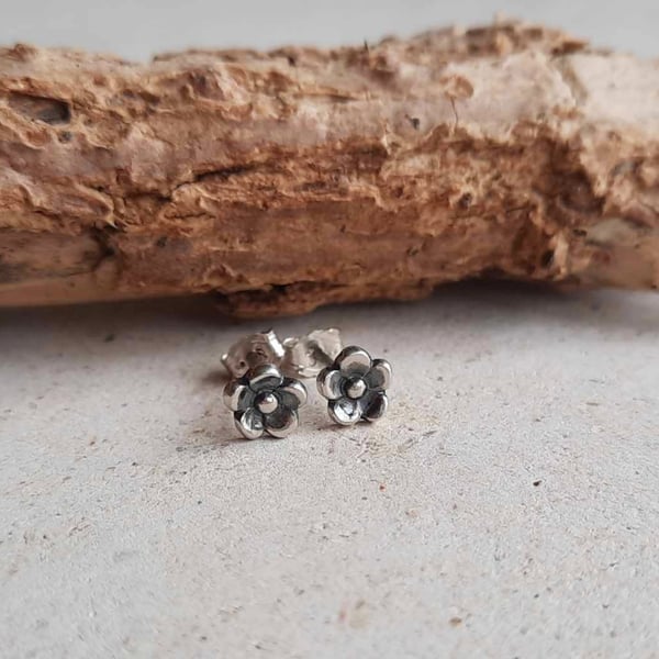 Tiny Silver Forget Me Not Flower Stud Earrings - Oxidised Fine Silver