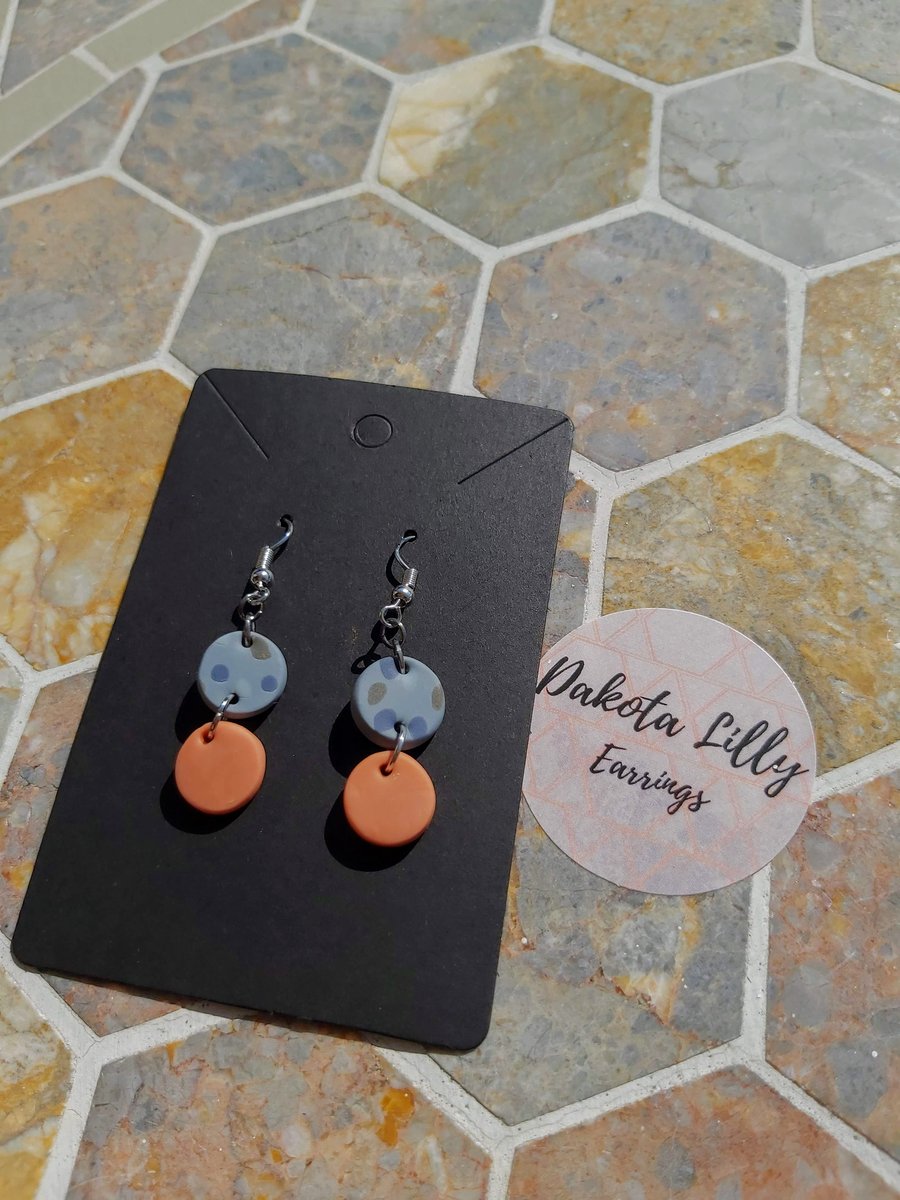 Grey and Orange, double drop, handmade polymer clay earrings
