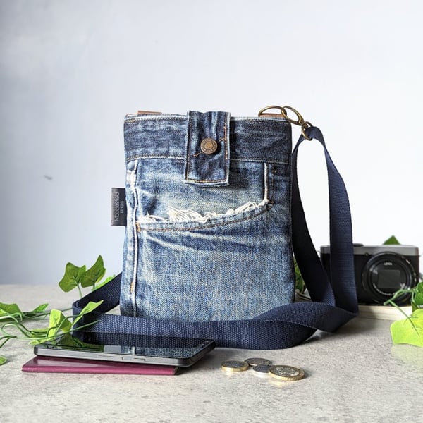 Denim Bag - Denim Mini Cross Body Crossover Bag with Suitcases Lining