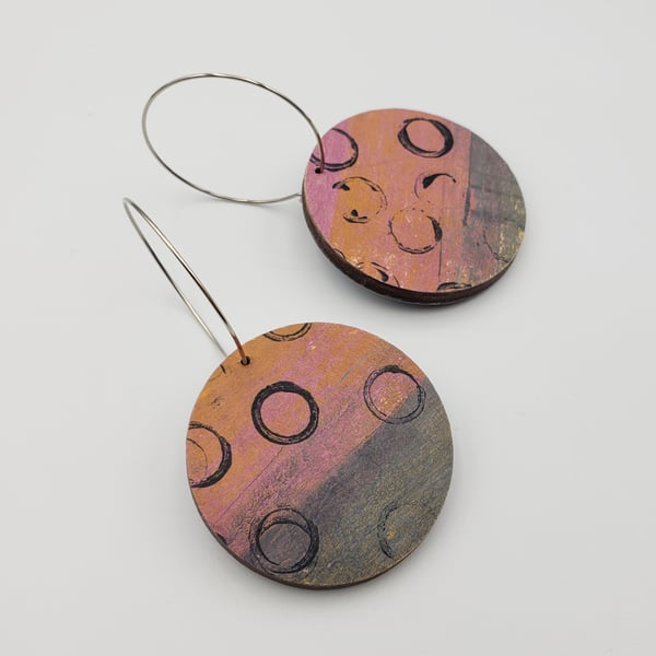 Hand printed multicoloured wooden dangly earrings