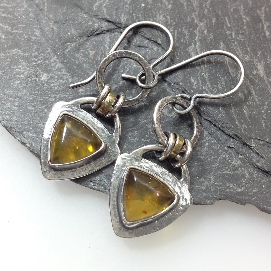 Silver 18ct gold and amber earrings