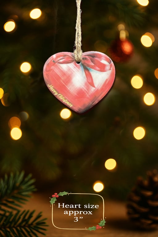 Handmade ceramic heart christmas tree decoration - red bow ornament gift UK