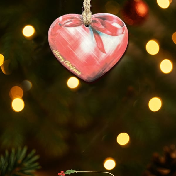 Handmade ceramic heart christmas tree decoration - red bow ornament gift UK