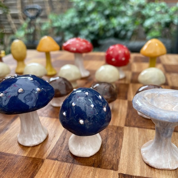 Handmade ceramic mushroom chess set with solid wood board