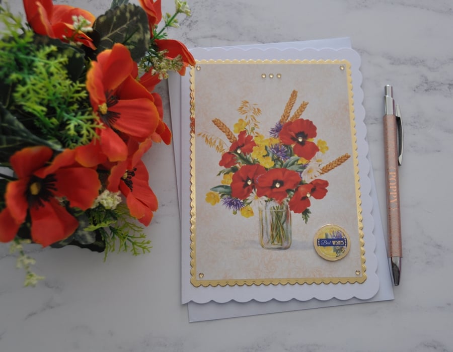 Red Poppies Birthday Card Best Wishes Card 3D Luxury Handmade