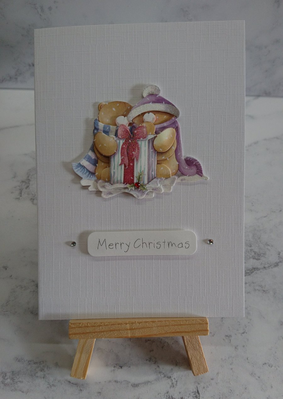 Christmas Card Merry Christmas Teddy Bears Present on Linen 3D Luxury Handmade
