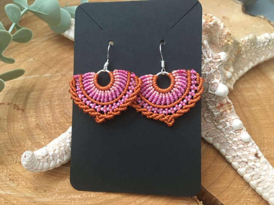 Micro macrame beaded fan design dangle boho earrings