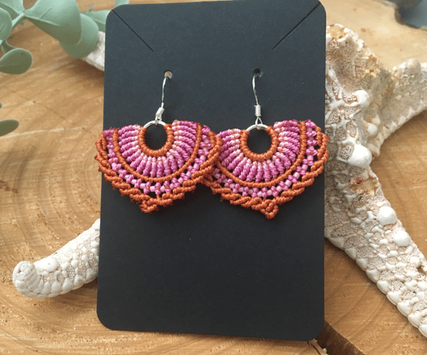 Micro macrame beaded fan design dangle boho earrings