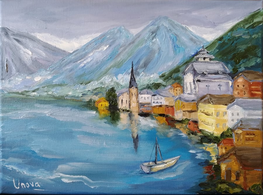 Original Oil Painting Austria Hallstatt Cityscape Europe Mountain Landscape Art