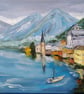 Original Oil Painting Austria Hallstatt Cityscape Europe Mountain Landscape Art