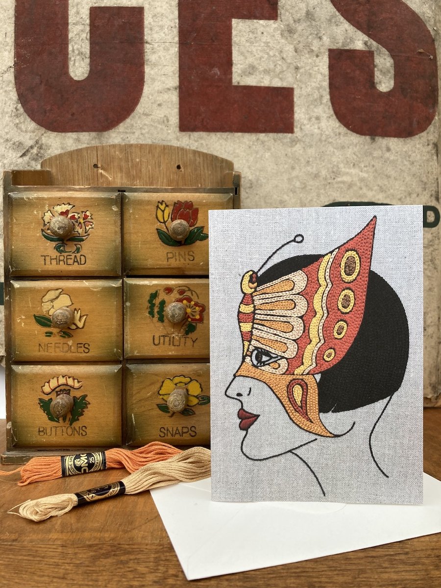 Butterfly Mask Flapper Girl Tattoo Embroidery Art Blank Greetings Card