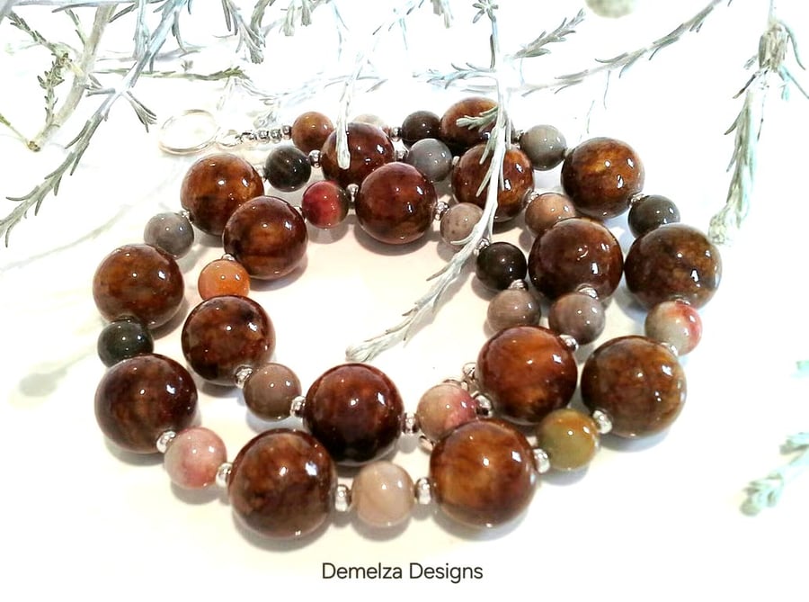 Statement Bronzite & Agate Silver Plate Necklace