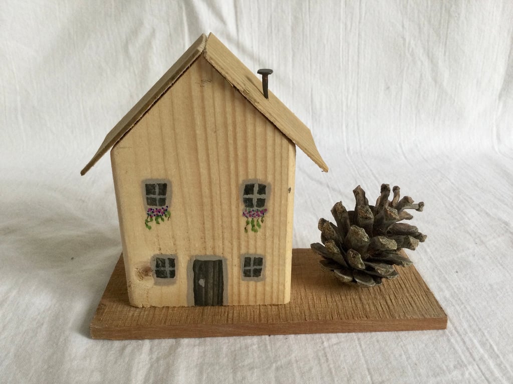 Handmade small wooden house ornament. Handmade wooden gift. Hand-painted wooden 