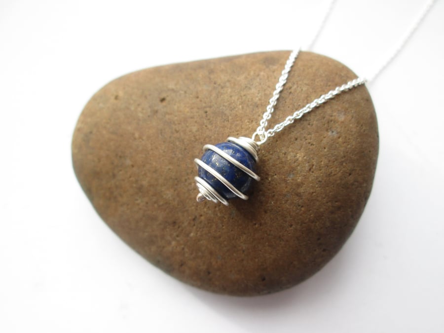 Silver Wire Wrapped Stone Pendant - Lapis Lazuli, Sterling silver necklace