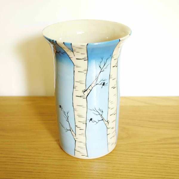 Large Vase - Sliver Birch Trees, Sky and Birds