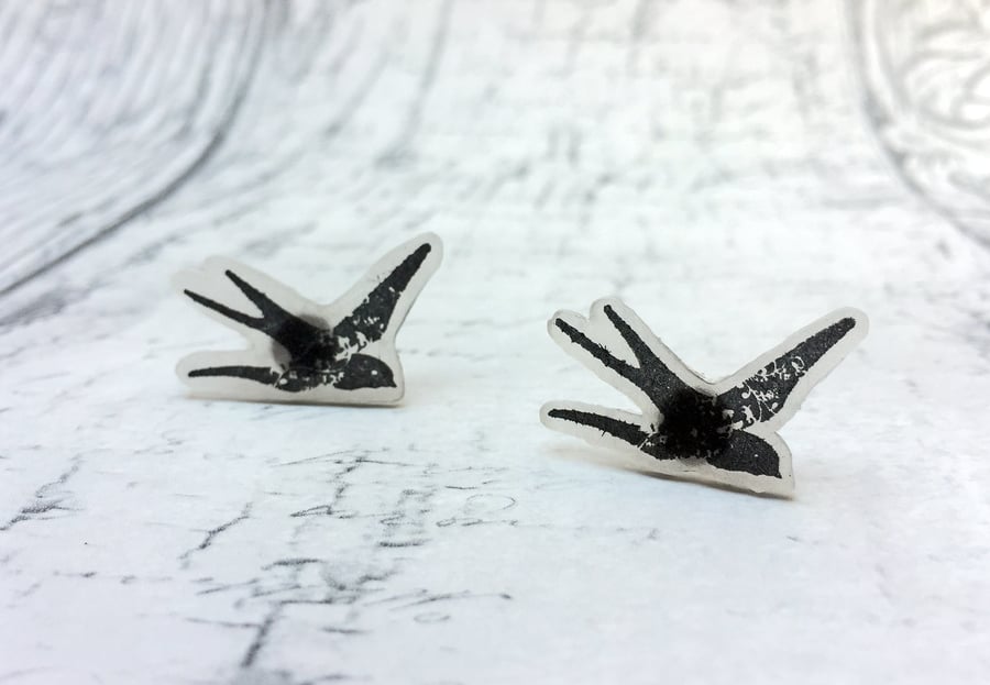 Swallow stud earrings hand stamped shrink plastic bird lover