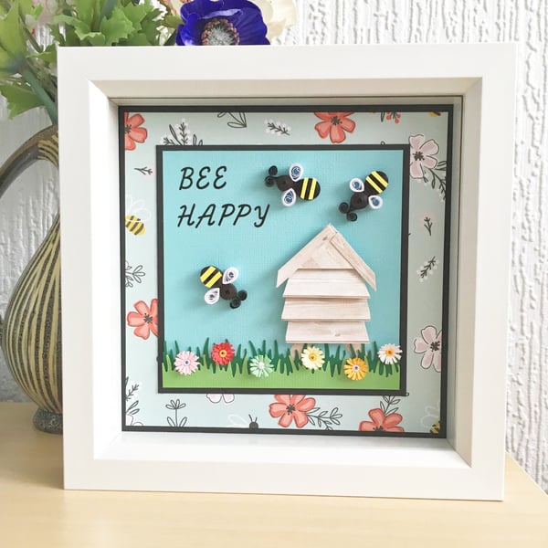 Bee Happy box frame - quilled bee wall art gift
