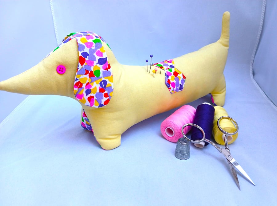 Pin Cushion Sausage Dog in yellow and multi colours