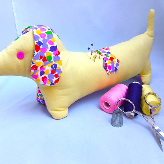 Pin Cushion Sausage Dog in yellow and multi colours