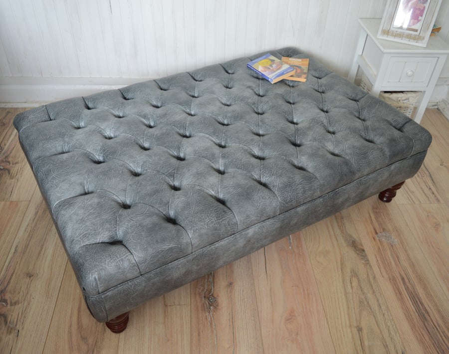 Extra Large Chesterfield Design Button Footstool in Premium Faux Grey Leather