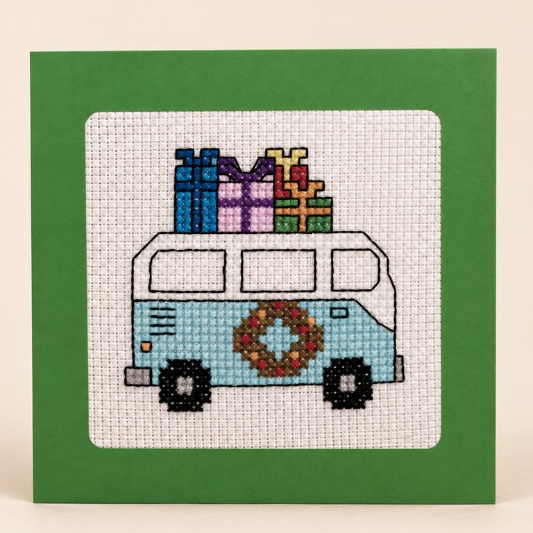 Handmade Cross Stitch Christmas Camper Van Card – 5 x 5 Inch