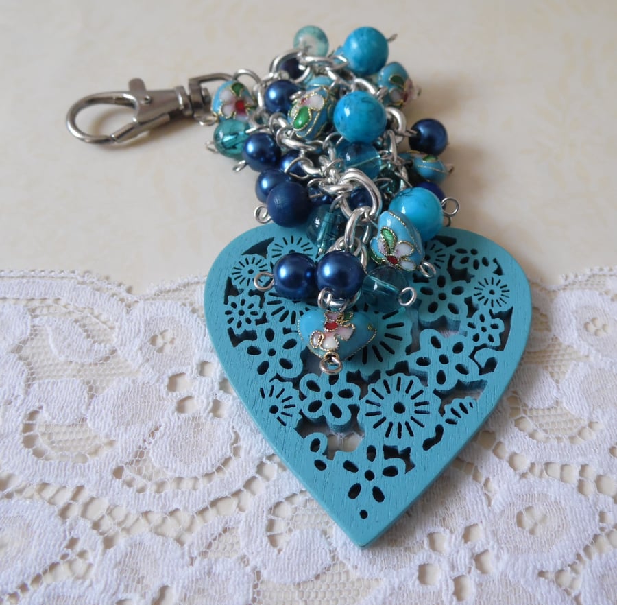 Turquoise wood hearts bag charm
