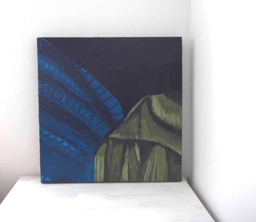 Abstract Original Oil Painting Blue and Moss Green Square 
