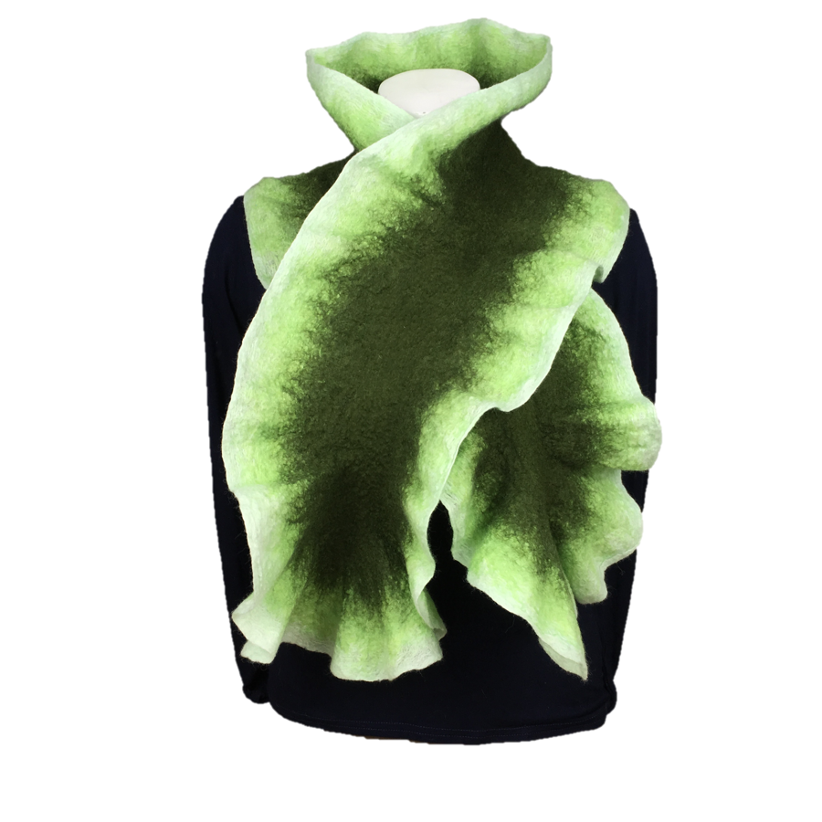 Green felted merino wool ruffle scarf, gift boxed